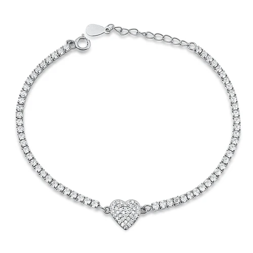 Sterling Silver Rhodium Plated Heart Clear CZ Bracelet