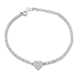 Sterling Silver Rhodium Plated Heart Clear CZ Bracelet