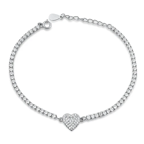 Sterling Silver Rhodium Plated Heart Clear CZ Bracelet