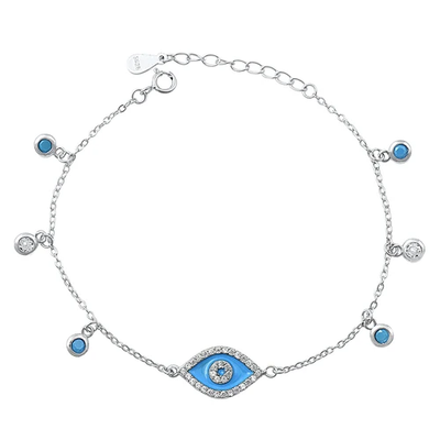 Sterling Silver Rhodium Plated Evil Eye Blue And Clear CZ Bracelet