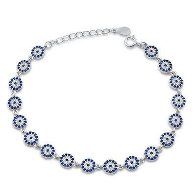 Sterling Silver Rhodium Plated Evil Eye Clear And Blue Sapphire CZ Bracelet