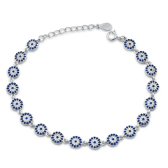 Sterling Silver Rhodium Plated Evil Eye Clear And Blue Sapphire CZ Bracelet