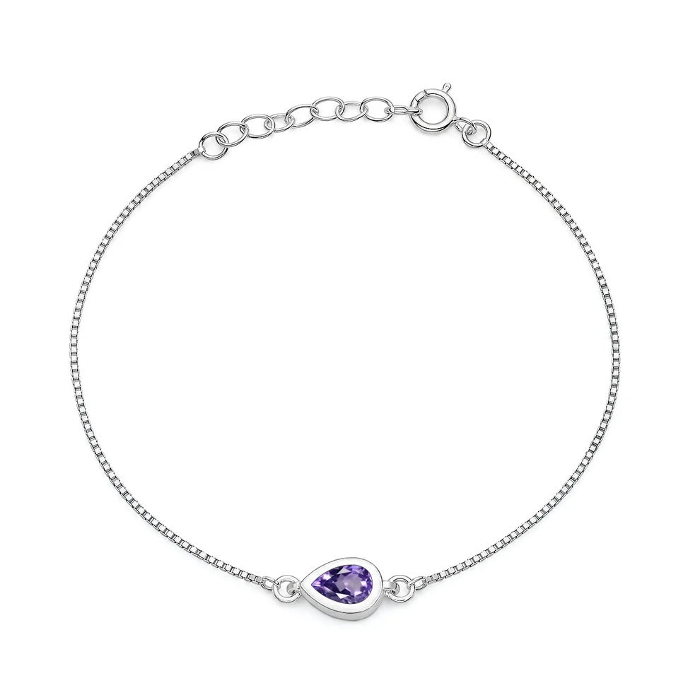 Sterling Silver Rhodium Plated Amethyst CZ Teardrop Bracelet