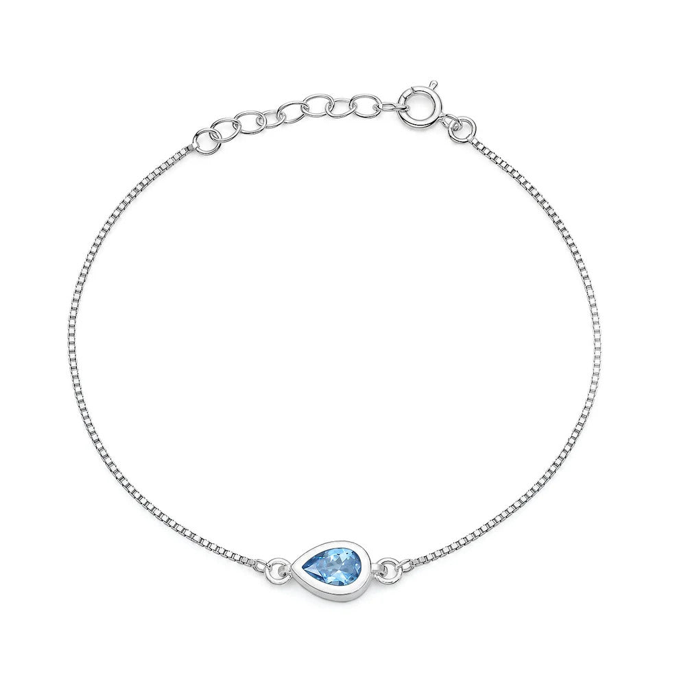 Sterling Silver Rhodium Plated Blue Topaz CZ Teardrop Bracelet
