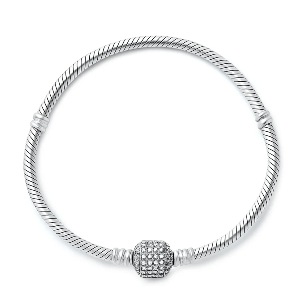 Sterling Silver Oxidized And Polished Pave Barrel Clear CZ Bracelet