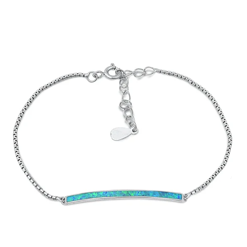 Sterling Silver Rhodium Plated Blue Lab Opal Bar Bracelet