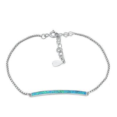 Sterling Silver Rhodium Plated Blue Lab Opal Bar Bracelet