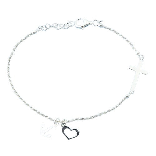 Sterling Silver Cross Heart Anchor Bracelet