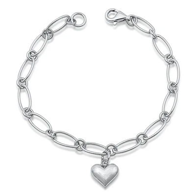Sterling Silver Rhodium Plated Puff Heart Bracelet