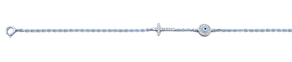 Sterling Silver Rhodium Plated Clear CZ Evil Eye and Cross CZ Bracelet-Length-6.5+1 Inches,Height-6mm