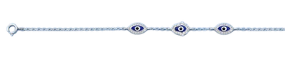 Sterling Silver Rhodium Plated Clear CZ Evil Eye Bracelet,Charm Height: 5.7mm,Length: 6.5 + 1 inches