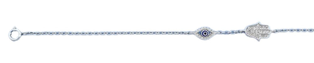 Sterling Silver Rhodium Plated Hamsa And Evil Eye Clear CZ Bracelet