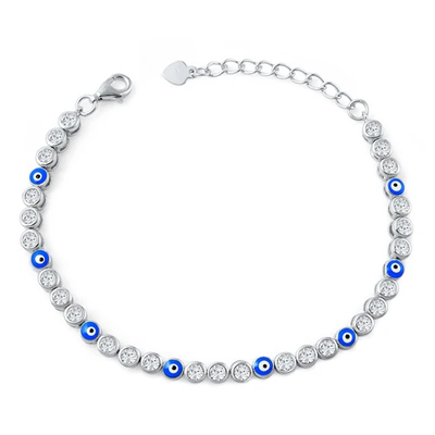 Sterling Silver Rhodium Plated Round Evil Eye Clear CZ Bracelet