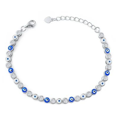 Sterling Silver Rhodium Plated Clear CZ Evil Eye Bracelet