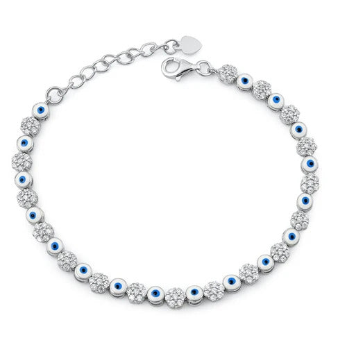 Sterling Silver Rhodium Plated Clear CZ Evil Eye Bracelet