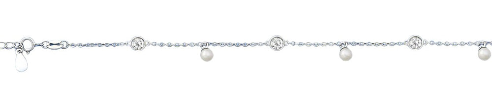 Sterling Silver Polished Clear CZ And Pearl Bracelet