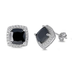 Sterling Silver Clear CZ And Prong Set Radiant Cut Black CZ Push Back Stud Earrings