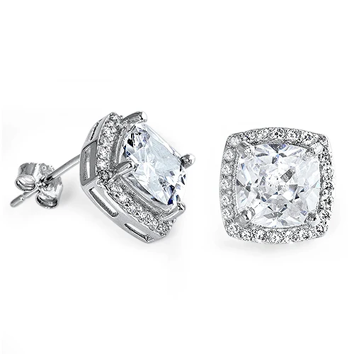 Sterling Silver Clear CZ And Prong Set Radiant Cut Push Back Stud Earrings