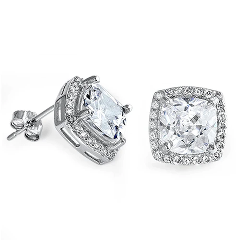 Sterling Silver Clear CZ And Prong Set Radiant Cut Push Back Stud Earrings