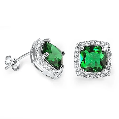 Sterling Silver Clear CZ And Prong Set Radiant Cut Emerald CZ Push Back Stud Earrings