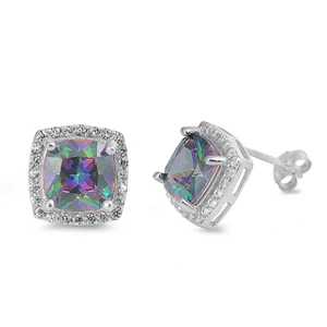 Sterling Silver Clear CZ And Prong Set Radiant Cut Rainbow Topaz CZ Push Back Stud Earrings