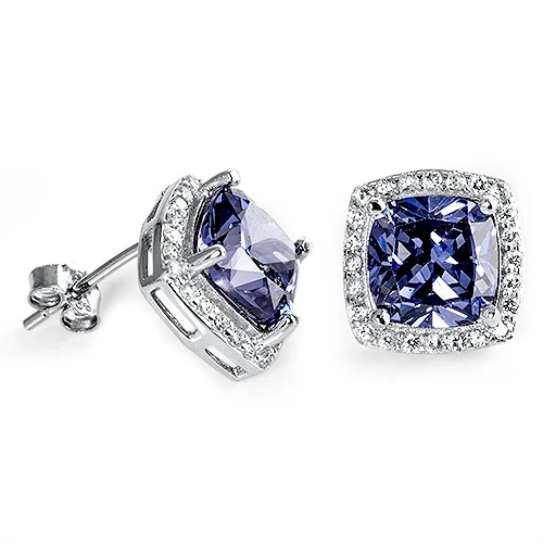 Sterling Silver Clear CZ And Prong Set Radiant Cut Tanzanite CZ Push Back Stud Earrings