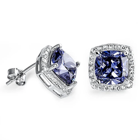 Sterling Silver Clear CZ And Prong Set Radiant Cut Tanzanite CZ Push Back Stud Earrings