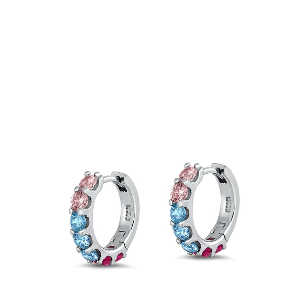 Sterling Silver Rhodium Plated 3mm Round Huggie Multicolor CZ Earrings-13mm