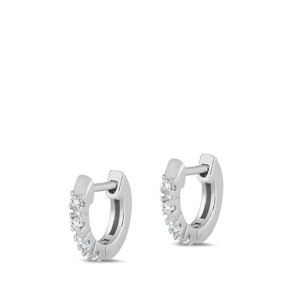 Sterling Silver Rhodium Plated 1.5mm Prong Huggie Clear CZ Earrings-10mm