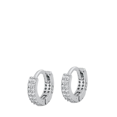 Sterling Silver Rhodium Plated 2.5mm Two Rows Huggie Clear CZ Earrings-10mm