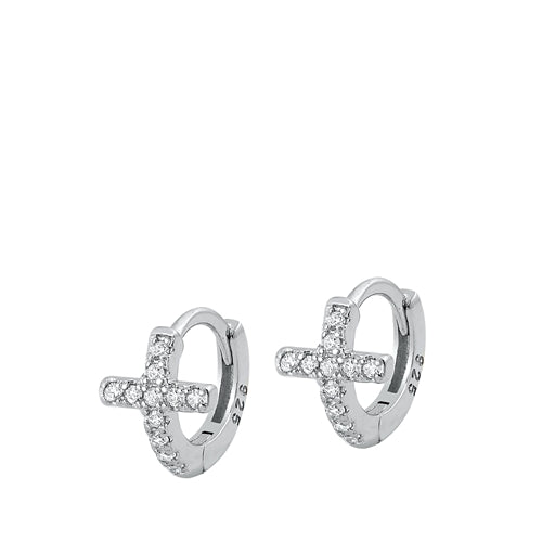 Sterling Silver Rhodium Plated Huggie 7mm Cross Clear CZ Earrings-10mm