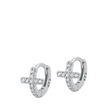 Load image into Gallery viewer, Sterling Silver Rhodium Plated Huggie 7mm Cross Clear CZ Earrings-10mm