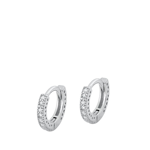 Sterling Silver Rhodium Plated 2mm Small CZ Huggie Clear CZ Earrings-10mm