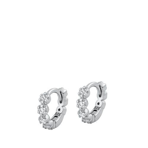 Sterling Silver Rhodium Plated 2.5mm Flower Huggie Clear CZ Earrings-10mm