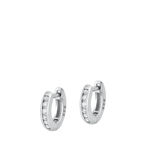 Sterling Silver Rhodium Plated 2mm Embeded CZ Huggie Clear CZ Earrings-10mm