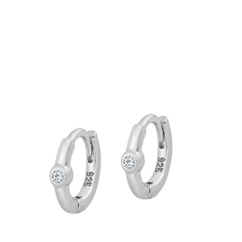 Sterling Silver Rhodium Plated 1.5mm One CZ Huggie Clear CZ Earrings-10mm