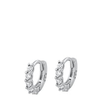 Load image into Gallery viewer, Sterling Silver Rhodium Plated 2mm Five Stone Huggie Clear CZ Earrings-10mm