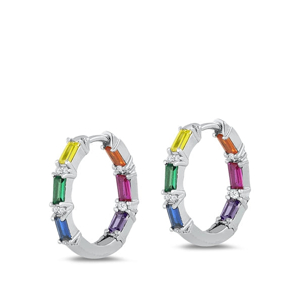 Sterling Silver Rhodium Plated 2.5mm Huggie Multicolor CZ Earrings-20mm