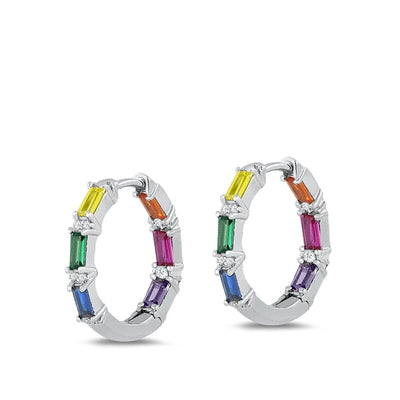Sterling Silver Rhodium Plated 2.5mm Huggie Multicolor CZ Earrings-20mm