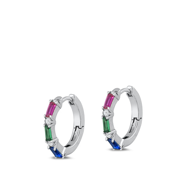 Sterling Silver Rhodium Plated 2.5mm Huggie Multicolor CZ Earrings-16mm