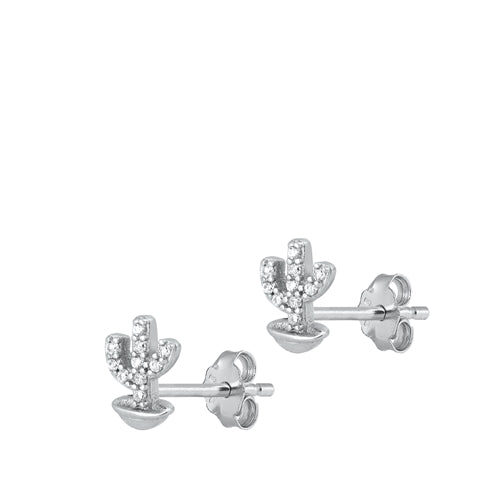 Sterling Silver Rhodium Plated Clear CZ Cactus Earrings
