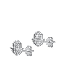Load image into Gallery viewer, Sterling Silver Rhodium Plated Hamsa Clear CZ Earrings