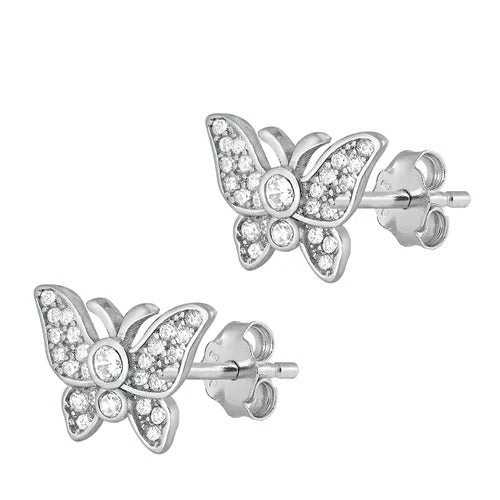 Sterling Silver Rhodium Plated Clear CZ Butterfly Earrings