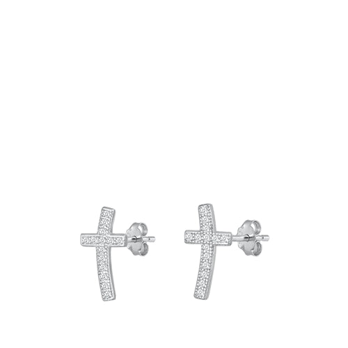 Sterling Silver Rhodium Plated Cross Clear CZ Earrings