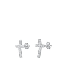 Load image into Gallery viewer, Sterling Silver Rhodium Plated Cross Clear CZ Earrings
