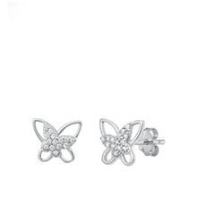 Load image into Gallery viewer, Sterling Silver Rhodium Plated Clear CZ 8.7mm Butterfly Earrings