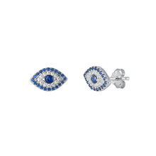 Load image into Gallery viewer, Sterling Silver Rhodium Plated All Seeing Eye Blue And Clear CZ Earrings