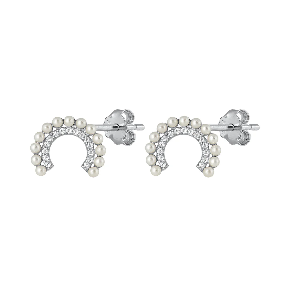 Sterling Silver Rhodium Plated Half Ring Pearl And Clear CZ Earrings