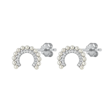 Load image into Gallery viewer, Sterling Silver Rhodium Plated Half Ring Pearl And Clear CZ Earrings
