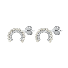 Sterling Silver Rhodium Plated Half Ring Pearl And Clear CZ Earrings